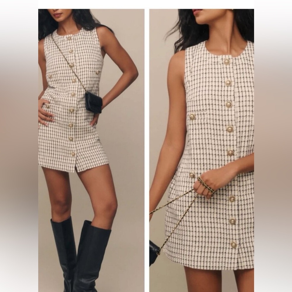 NWT Reformation Tropez Mini Dress Sz 4 cream black Check Tweed